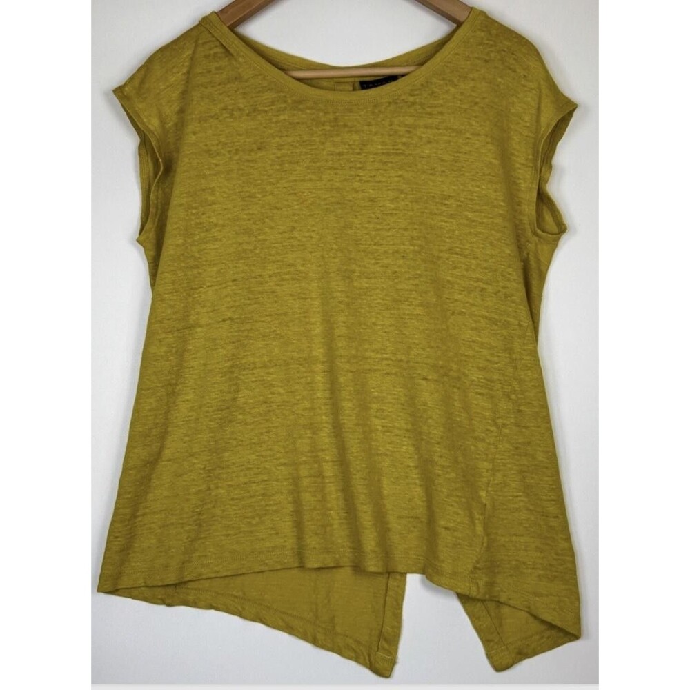 Tahari Shirt Womens Medium Yellow Linen Asymmetrical Hem Button Back Top